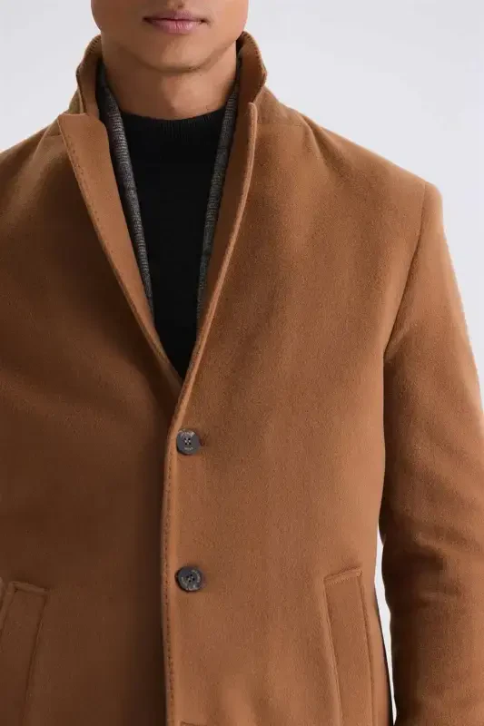 Taba Comfort Fit Mono Collar Side Pocket Cashmere Coat - JAKAMEN