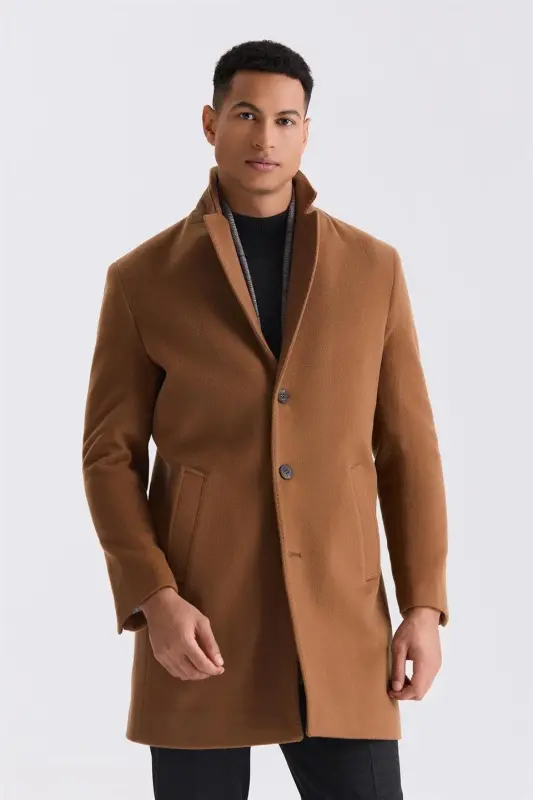 Taba Comfort Fit Mono Yoqali yon tomonli Cashmere Palto - 3
