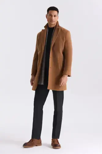 Taba Comfort Fit Mono Yoqali yon tomonli Cashmere Palto - 4