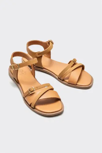 Taba Deri Kadın Düz Sandalet - Taba - ELLE SHOES (1)