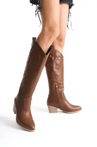 Taba Deri Nakışlı Fermuarlı Uzun Western Kadın Kovboy Çizme-Taba Uzun - 2