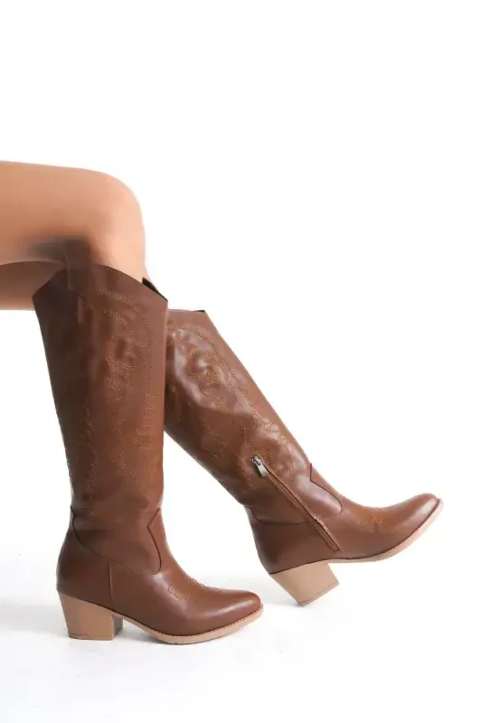Taba Deri Nakışlı Fermuarlı Uzun Western Kadın Kovboy Çizme-Taba Uzun - 3