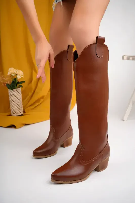 Taba Deri Western Tarzı Dizaltı Uzun Kadın Çizme-TABA - 6