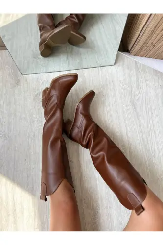 Taba Deri Western Tarzı Dizaltı Uzun Kadın Çizme-TABA 