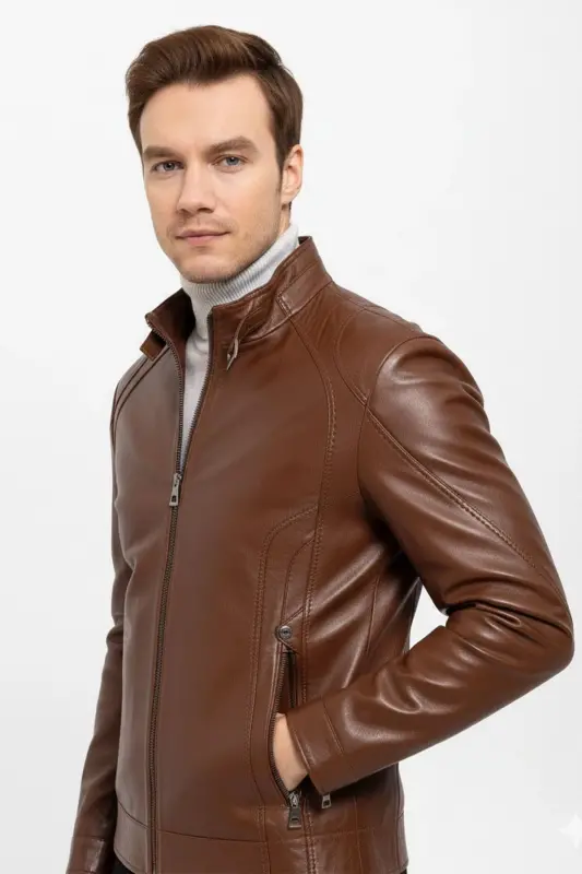 Taba Jady Yaka Tokalı Erkek Hakiki Deri Mont-Taba - 2