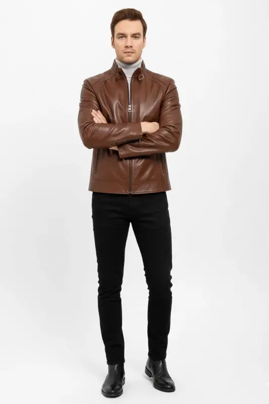 Taba Jady Yaka Tokalı Erkek Hakiki Deri Mont-Taba - 3