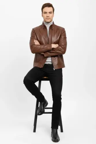 Taba Jady Yaka Tokalı Erkek Hakiki Deri Mont-Taba - 5