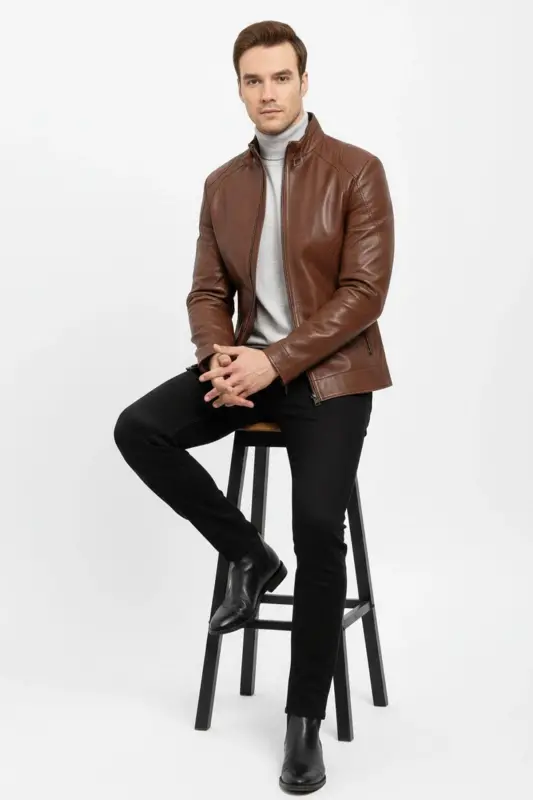 Taba Jady Yaka Tokalı Erkek Hakiki Deri Mont-Taba - 6