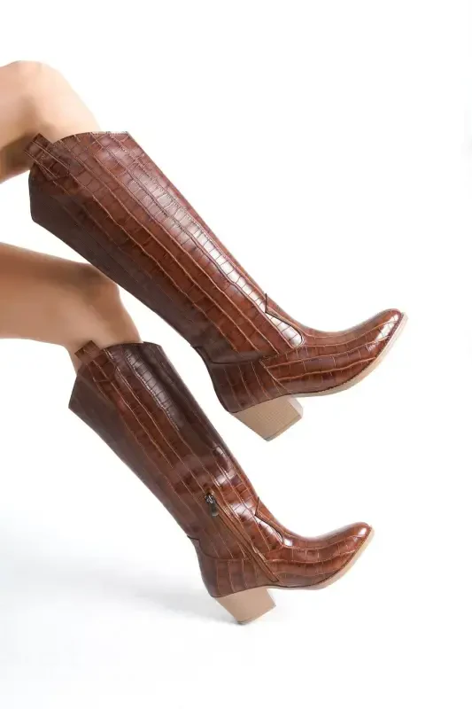 Taba Kroko Fermuarlı Western Kovboy Kadın Uzun Dizaltı Çizme-Taba Kroko Uzun - BAK STORE