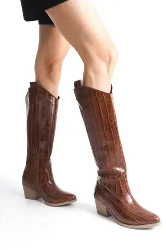 Taba Kroko Fermuarlı Western Kovboy Kadın Uzun Dizaltı Çizme-Taba Kroko Uzun - BAK STORE (1)
