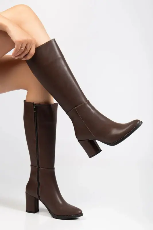 Taba Long Fermuarlı Cilt Çizme - Acı Kahve Uzun Topuklu Kadın Çizme-TABA - DIFOLIA
