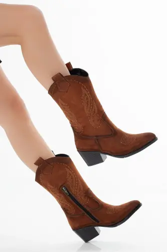 Taba Süet Nakışlı Fermuarlı Western Kovboy Kadın Çizme Siyah Taban-Taba Süet Taba - 1