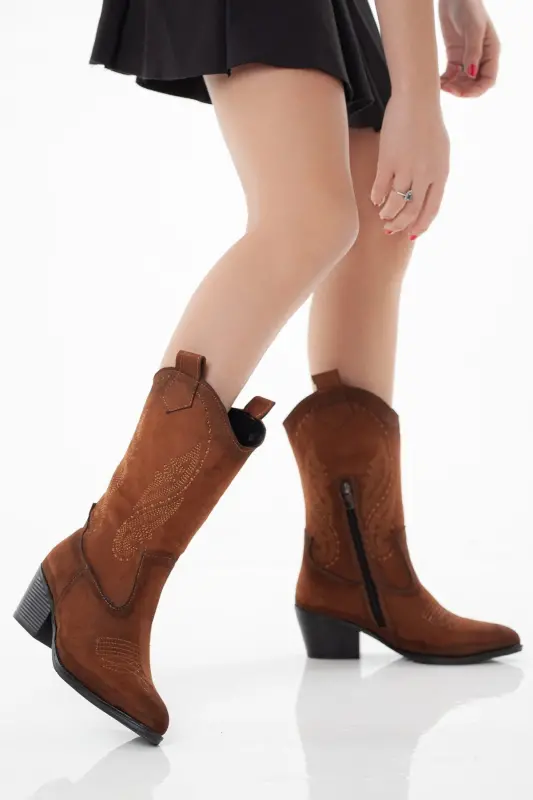 Taba Süet Nakışlı Fermuarlı Western Kovboy Kadın Çizme Siyah Taban-Taba Süet Taba - 3