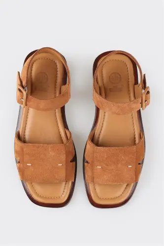 Taba Teri Ayollar Yassi Sandal - Taba - 4