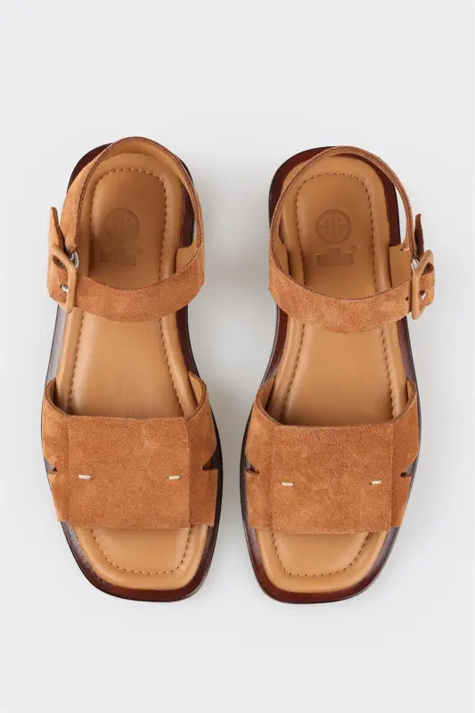 Taba Teri Ayollar Yassi Sandal - Taba - 4