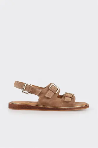 Taba Teri Ayollar Yassi Sandal - Taba - 1
