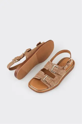 Taba Teri Ayollar Yassi Sandal - Taba - 3