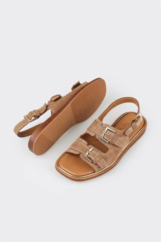 Taba Teri Ayollar Yassi Sandal - Taba - 3