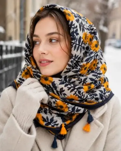 Tabassumingingiz. Ayollar uchun katta Boho ro'mol, yengil gul bosilgan ro'mollar, kuz qishgi moda popukli shol ro'mollar - 3
