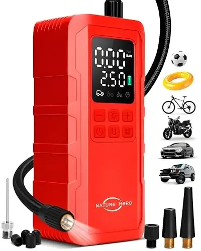 Tabiat Qahramoni Shina Nasos Portativ Havo Kompressori, 150 PSI avtomobil shinalari uchun havo nasosi Portativ raqamli LCD bosim o'lchagich, Mototsikl shinalari, Velosiped shinalari va to'plari uchun elektr havo nasosi, Qizil 