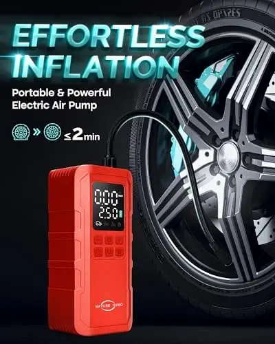 Tabiat Qahramoni Shina Nasos Portativ Havo Kompressori, 150 PSI avtomobil shinalari uchun havo nasosi Portativ raqamli LCD bosim o'lchagich, Mototsikl shinalari, Velosiped shinalari va to'plari uchun elektr havo nasosi, Qizil - NATURE HERO (1)
