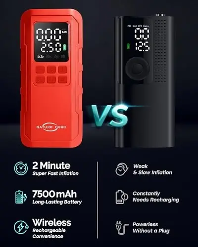 Tabiat Qahramoni Shina Nasos Portativ Havo Kompressori, 150 PSI avtomobil shinalari uchun havo nasosi Portativ raqamli LCD bosim o'lchagich, Mototsikl shinalari, Velosiped shinalari va to'plari uchun elektr havo nasosi, Qizil - 5