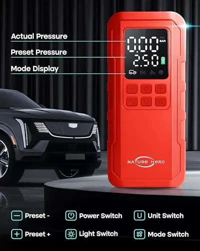 Tabiat Qahramoni Shina Nasos Portativ Havo Kompressori, 150 PSI avtomobil shinalari uchun havo nasosi Portativ raqamli LCD bosim o'lchagich, Mototsikl shinalari, Velosiped shinalari va to'plari uchun elektr havo nasosi, Qizil - 6
