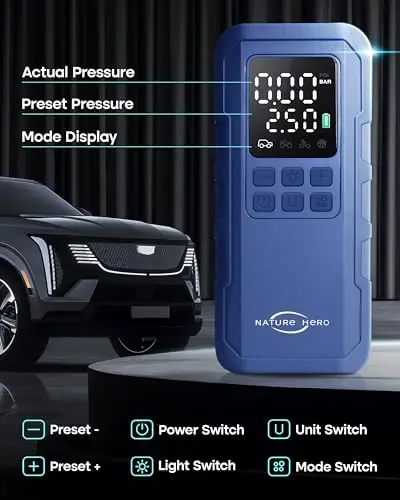 Tabiat Qahramoni Shinalarni Shishirgich Portativ Havo Kompressori, 150 PSI avtomobil shinalari havo nasosi, raqamli LCD bosim o'lchagichli, mototsikl shinalari, velosiped shinalari va to'plar uchun elektr havo nasosi, ko'k - 6