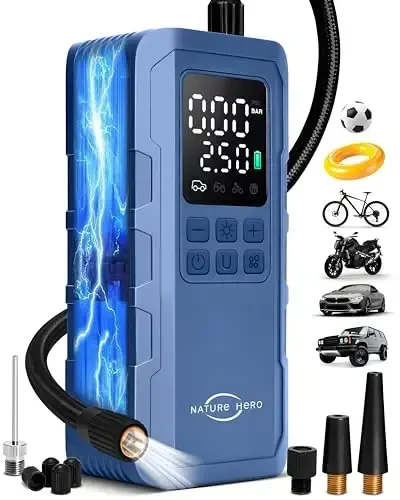 Tabiat Qahramoni Shinalarni Shishirgich Portativ Havo Kompressori, 150 PSI avtomobil shinalari havo nasosi, raqamli LCD bosim o'lchagichli, mototsikl shinalari, velosiped shinalari va to'plar uchun elektr havo nasosi, ko'k 