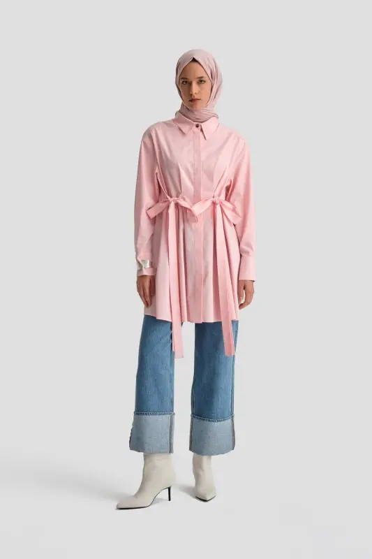 Tabiiy mato va kamalaklardan tashkil top tunika 24k4300 Pushti - 2