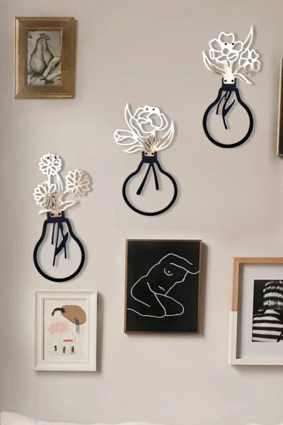 Tabiiy metall devor bezagi 3 qismli to'plam - Gul naqshli devor bezagi - Light Flower 19x35 Cm - 5