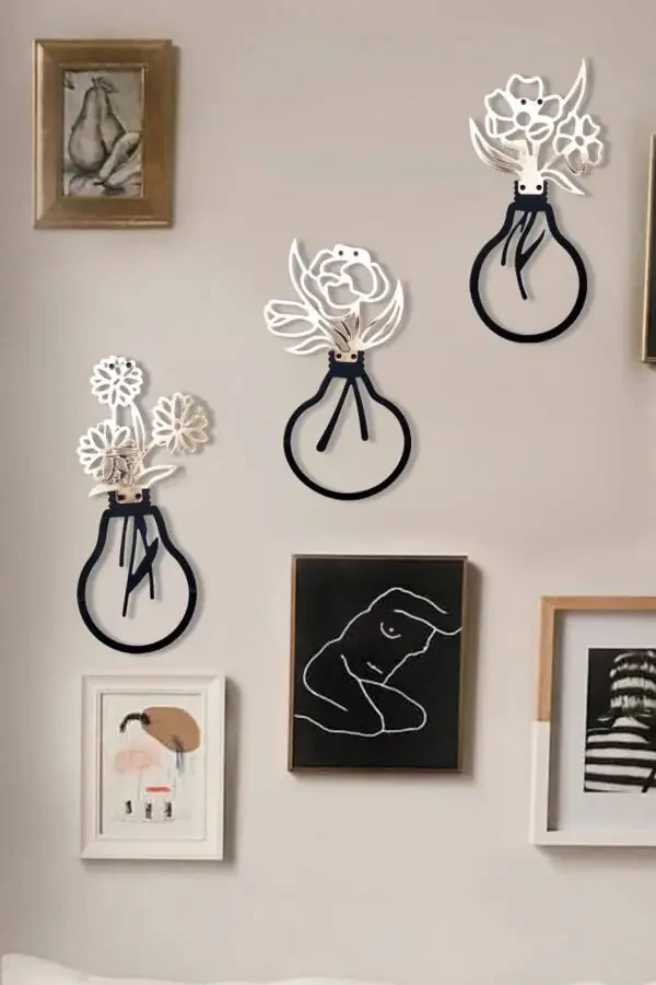 Tabiiy metall devor bezagi 3 qismli to'plam - Gul naqshli devor bezagi - Light Flower 19x35 Cm - 5