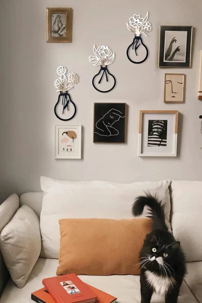 Tabiiy metall devor bezagi 3 qismli to'plam - Gul naqshli devor bezagi - Light Flower 19x35 Cm - 6