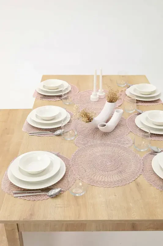 Table Setting Set Placemat and Runner for 6 People-Pink - 4