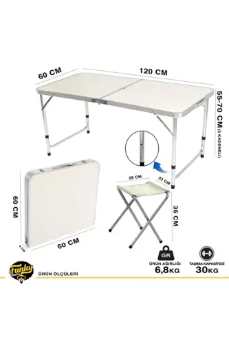 Tabureli Katlanabilir Piknik Masası Seti -Bej - Bej - 5