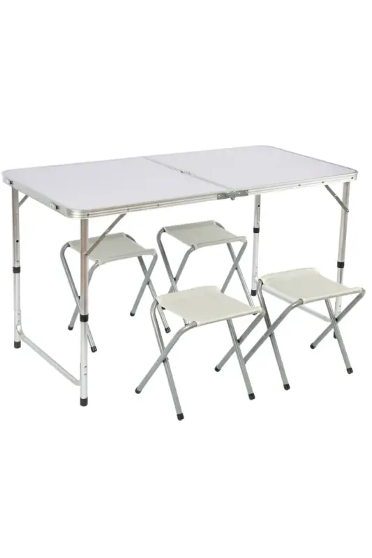 Tabureli Katlanabilir Piknik Masası Seti -Beyaz-Beyaz - 1