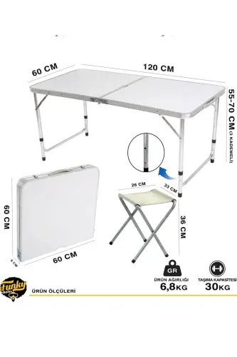 Tabureli Katlanabilir Piknik Masası Seti -Beyaz-Beyaz - 6