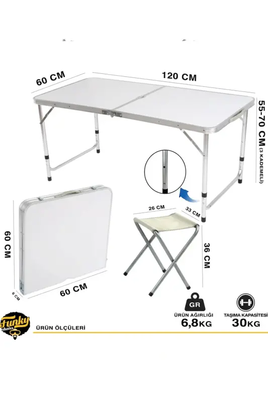Tabureli Katlanabilir Piknik Masası Seti -Beyaz-Beyaz - 6