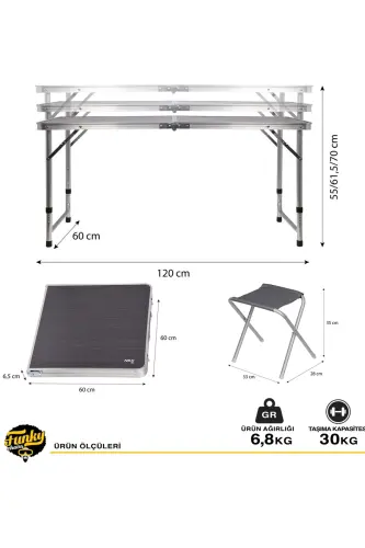 Tabureli Katlanabilir Piknik Masası Seti -Füme - Gri - 5