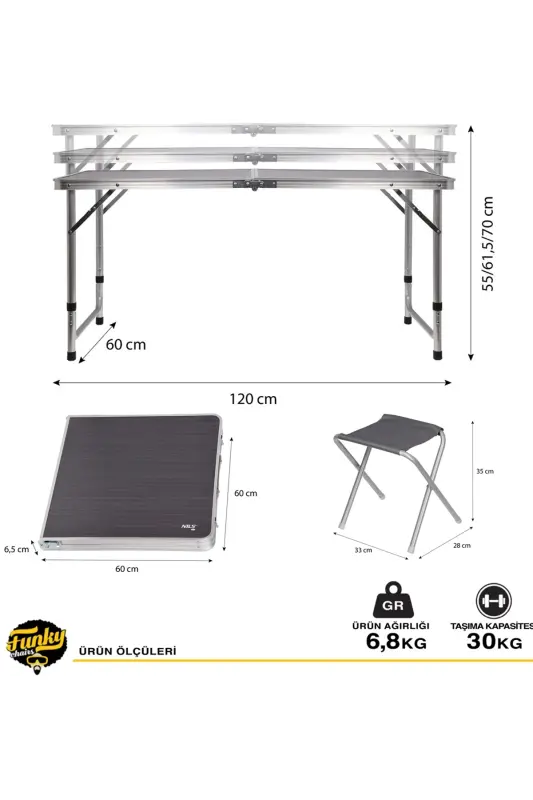Tabureli Katlanabilir Piknik Masası Seti -Füme - Gri - 5