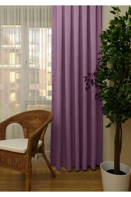 Taç Lila Düz Rang Fon Parda, Pilesiz Düz Tikuv, Ekstrafor Büzgü, Yagona Qanot-Lila - 3