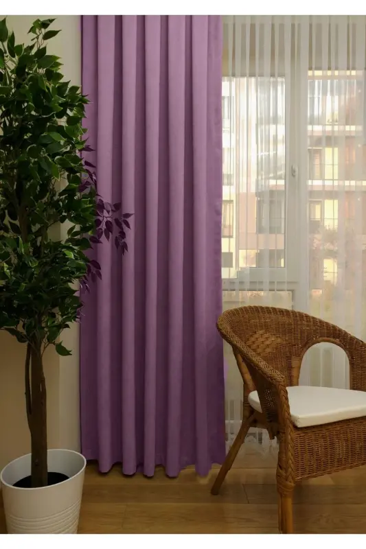 Taç Lila Düz Rang Fon Parda, Pilesiz Düz Tikuv, Ekstrafor Büzgü, Yagona Qanot-Lila - 4
