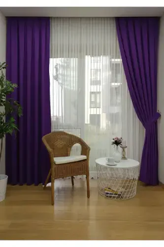 Taç Mor Düz Renk Fon Perde, Pilesiz Düz Dikim, Ekstrafor Büzgü, Tek Kanat-Mor - 5