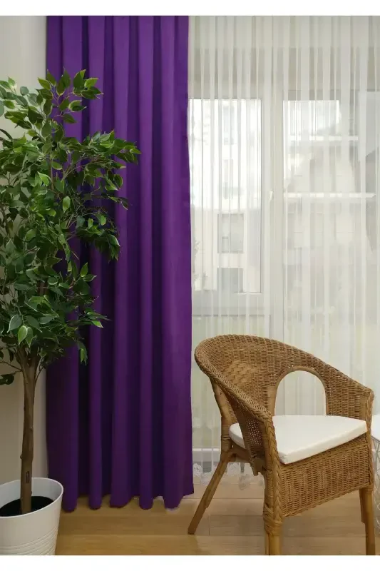 Taç Mor Düz Renk Fon Perde, Pilesiz Düz Dikim, Ekstrafor Büzgü, Tek Kanat-Mor - 7
