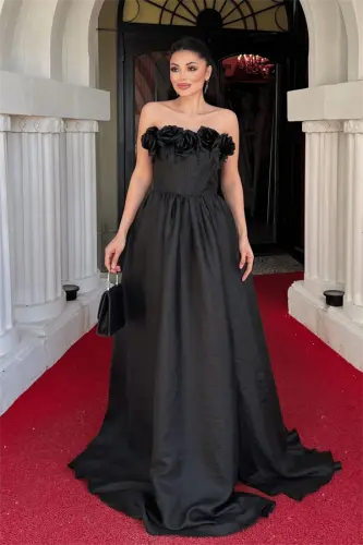 Taffeta Fabric Rose Boning Detailed Evening Dress - BLACK - 1