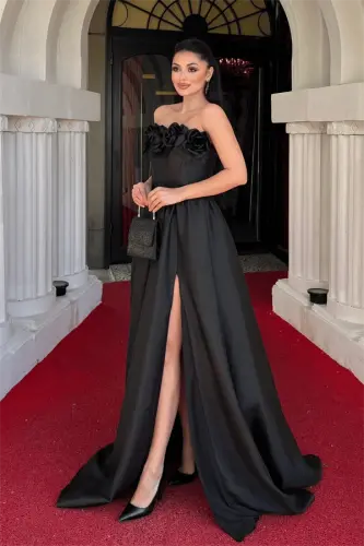 Taffeta Fabric Rose Boning Detailed Evening Dress - BLACK - BÜYÜKBEDENIZ (1)