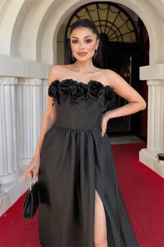 Taffeta Fabric Rose Boning Detailed Evening Dress - BLACK - 3