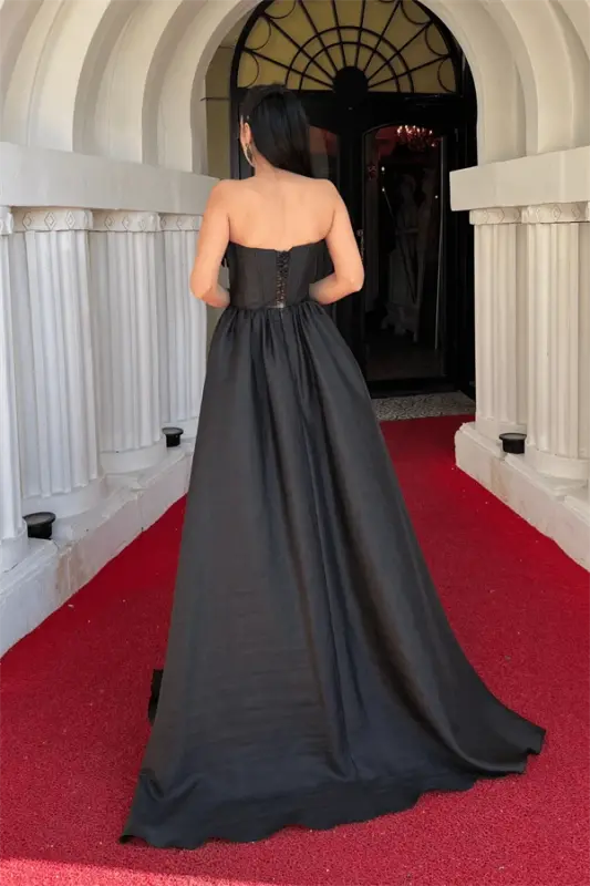 Taffeta Fabric Rose Boning Detailed Evening Dress - BLACK - 5