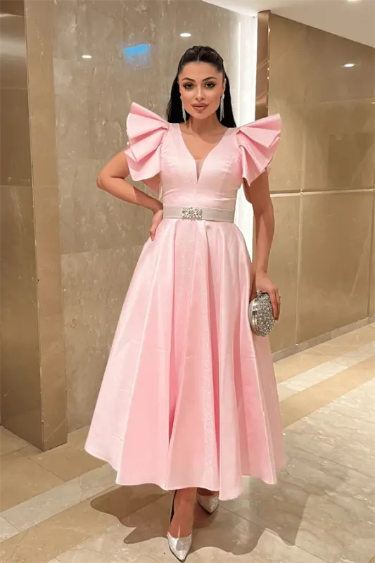 Taffeta Fabric Shoulder Ruffle Midi Dress - POWDER - BÜYÜKBEDENIZ