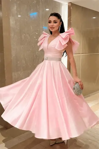 Taffeta Fabric Shoulder Ruffle Midi Dress - POWDER - BÜYÜKBEDENIZ (1)